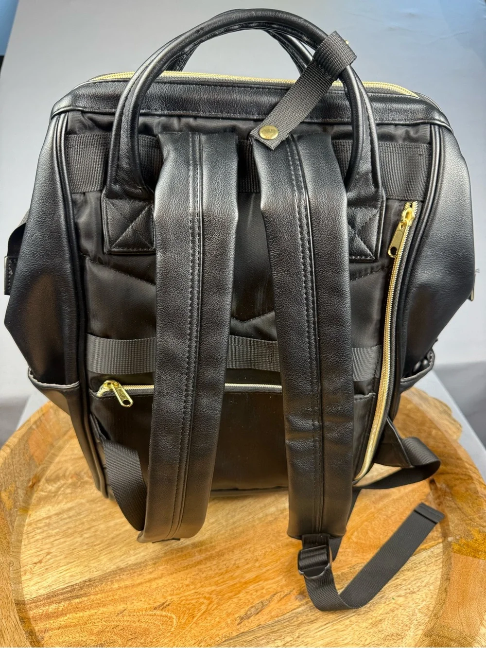 Kah & Kee Black Faux Leather Diaper Backpack | Travel Baby Laptop Bag